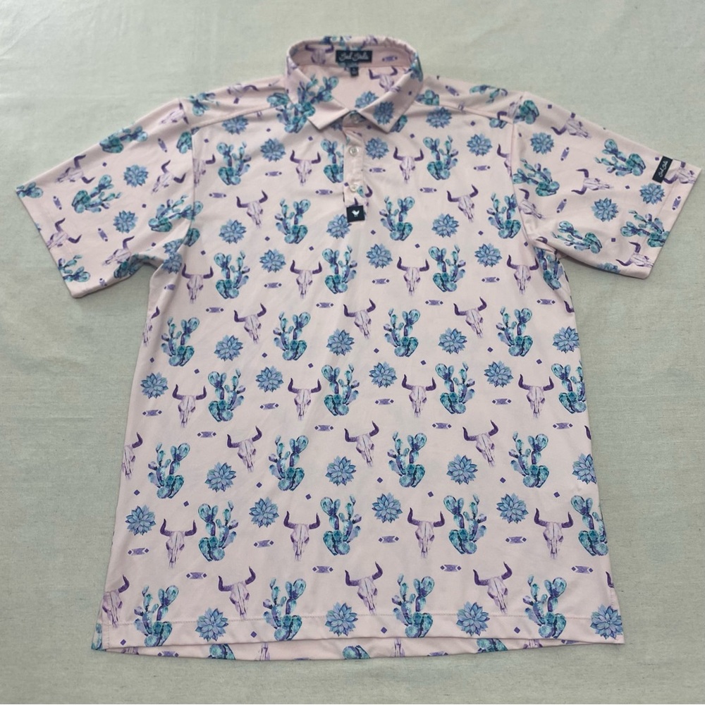 Bad Birdie Golf Polo Men's Large The Ranch Pink Southwest Cow Skull Cactus AOP